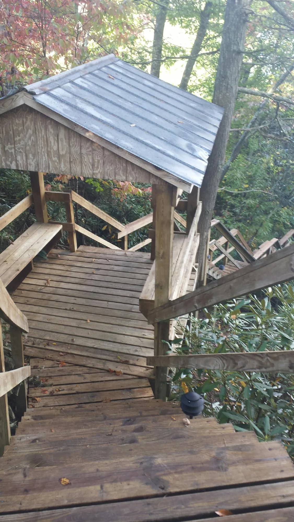 Metal roofed shelter over wooden steps on a wooded walkway — Skylight Repair & Installation work by our crew in Rock Hill
